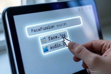 A laptop screen rendered in close-up showing the FaceFusion source-input field highlighted with a soft glowing outline, with a cursor hand dragging a stacked pair of file thumbnails labelled with the literal text strings "face.jpg" and "audio.wav" in lowercase monospace font directly onto the field. Cool morning light from a side window catches the screen bezel, leaving a soft reflection. Tutorial screenshot atmosphere, calm focus mood.