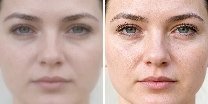 Split panel rendered image of the same person's face, left half soft and lacking fine skin detail with subtle blurriness near the hairline and chin, right half sharper with crisp eyelashes, defined skin texture, and clean edges around the jaw, separated by a thin vertical white divider. Soft, even daylight from front-right falls equally on both halves so the difference reads as detail recovery rather than lighting change. Editorial before-and-after atmosphere.