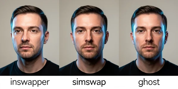 Three side-by-side rendered face portraits of the same subject lined up against a soft neutral studio backdrop, each labelled across the bottom in clean sans-serif type with the exact lowercase strings "inswapper", "simswap", and "ghost". Subject sits in three-quarter pose under soft diffused key light from camera left and a cool rim light from behind. Subtle detail variation across the three faces conveys distinct blending characteristics. Editorial comparison-card atmosphere, calm and analytical mood.