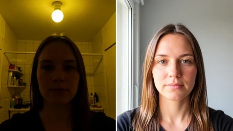 A split-frame comparison showing two source selfies side by side: on the left a dim, yellow-tinted bathroom selfie taken under a ceiling bulb with a cluttered tile background, on the right a sharp portrait of the same person near a large window with soft daylight, plain pale-grey wall behind. Daylight enters from camera-left, warm on one cheek, gently filling the shadow side, neutral skin tones, crisp eyes.