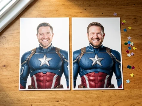 A side-by-side before-and-after of a smiling adult face placed onto a Captain America body, presented as a birthday invitation card mockup laying flat on a wooden table next to a piece of star-shaped confetti. The card on the left shows a slightly too-small face floating above the shoulders, the card on the right shows the corrected size with the face properly scaled to the body. Soft overhead daylight from a window upper-left, gentle shadows on the table, warm wood tones, cheerful party feel.