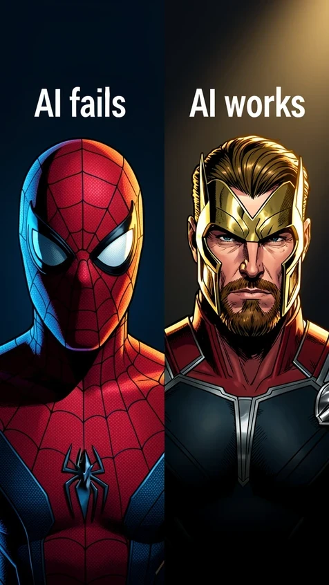 A fully masked Spider-Man portrait on the left labeled "AI fails" in clean white sans-serif text top-left corner, and an unmasked Thor portrait on the right labeled "AI works" in matching white sans-serif text top-right corner. Both portraits framed against a deep matte studio backdrop, dramatic side light from the upper right, sharp rim light defining the costume edges, cool blue shadows on the masked side and warm golden highlights on the unmasked face, cinematic comic-book feel.