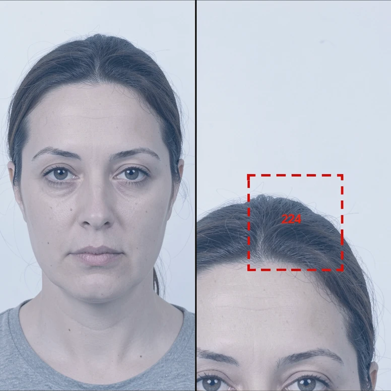 A square diptych split down the middle. The left half shows a source face photo correctly square-cropped with the subject's face centered, eyes on the horizontal center line. The right half shows the same person off-center near the lower-left corner, with a red dashed 224 by 224 pixel center box overlaid that crops most of the face out, leaving only a forehead fragment inside the box. Flat editorial overhead lighting, plain white background, cool neutral tone, instructional diagnostic mood.
