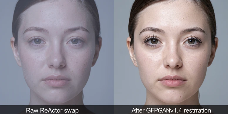 A two-panel comparison image filling the frame side by side, showing the same portrait twice. The left panel labeled "Raw ReActor swap" displays a face with soft, slightly washed features and visible low-resolution texture. The right panel labeled "After GFPGANv1.4 restoration" shows the identical face sharpened, with crisp eyelashes, defined skin pores, and clean lip edges. Even softbox lighting from the front, neutral gray studio backdrop, cool daylight color temperature, clinical and analytical mood.