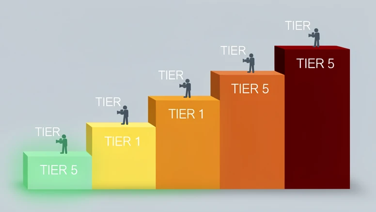 A five-step ascending staircase rendered as a clean infographic, each step a distinct solid block rising left to right, the lowest step glowing calm green and the highest step deep alarm red with the middle steps shifting through yellow and orange. Small human-and-camera icons sit on each step. The setting is a plain studio backdrop with no clutter. Crisp vector edges and flat color fills, thin white labels reading 'TIER 1' through 'TIER 5' in uppercase sans-serif. Soft even front lighting, cool neutral temperature, shadows kept minimal. Calm, instructional, diagram-like atmosphere.