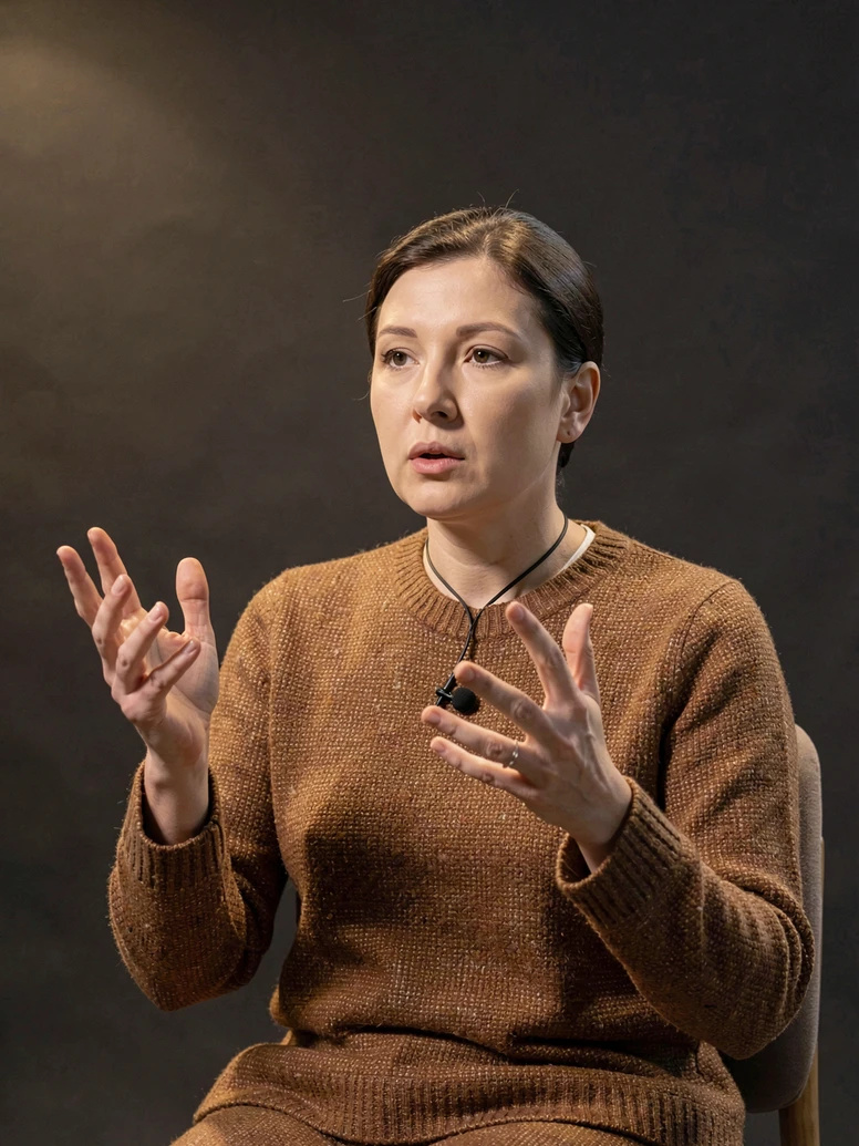 A documentary interview subject seated and speaking with expressive raised hands, their original face replaced by a softly synthesized neutral face that still carries every gesture and head movement faithfully. The setting is a quiet interview room with a plain dark backdrop and a single empty chair beside them. Details include a small clip-on microphone on their collar and warm woven fabric textures in their clothing. A soft warm key light falls from the left at a gentle low angle, with mild fill on the right. Respectful, protective, documentary atmosphere.