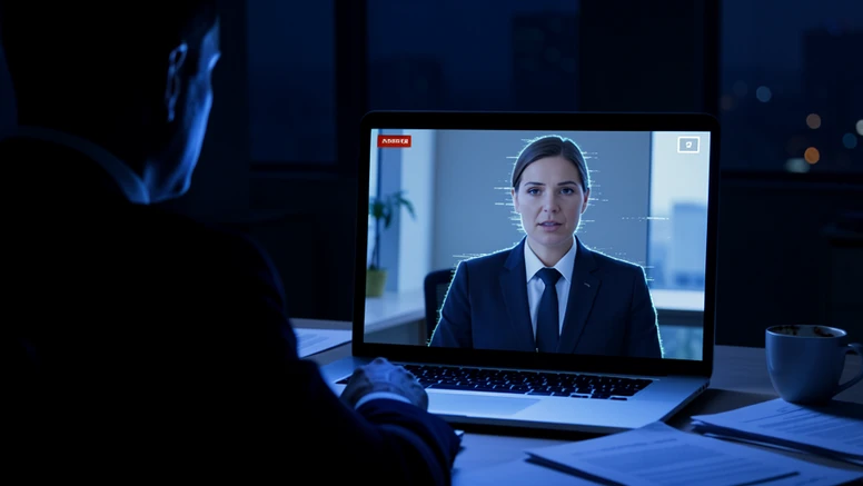 A laptop screen showing a video conference window where a composed executive in a dark suit speaks straight to the camera, his face ringed by a faint glitching outline that hints the figure is synthetic. The setting is a dim corporate office late at night, the silhouette of a finance worker facing the screen. Details include scattered paper documents and a half-empty coffee cup on the desk. Cool blue monitor light falls hard and direct on the worker's face from the front, the rest of the room sunk in shadow. Tense, uneasy, cinematic atmosphere.