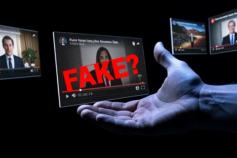 A single open hand dismissively waving away a floating real news video clip, the clip's frame stamped with a large red 'FAKE?' label in bold uppercase sans-serif. The setting is an abstract dark void where several video frames drift at different depths, some authentic and some synthetic, none of them visibly distinguishable. Details include faint analog static texture crawling across each frame. Low cool side lighting rakes across the hand from the right, leaving deep shadow behind it. Disorienting, distrustful, conceptual atmosphere.