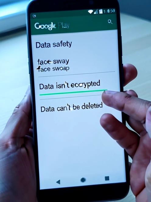 A close framing of an Android phone screen showing the Google Play Store "Data safety" section for a face swap app, a fingertip resting beside the highlighted lines "Data isn't encrypted" and "Data can't be deleted" rendered in dark sans-serif text on white. The phone is held in one hand over a pale wooden desk. Soft cool daylight from a window on the left falls evenly across the screen, glare kept low so every line of text stays legible. The mood is cautionary and informative.