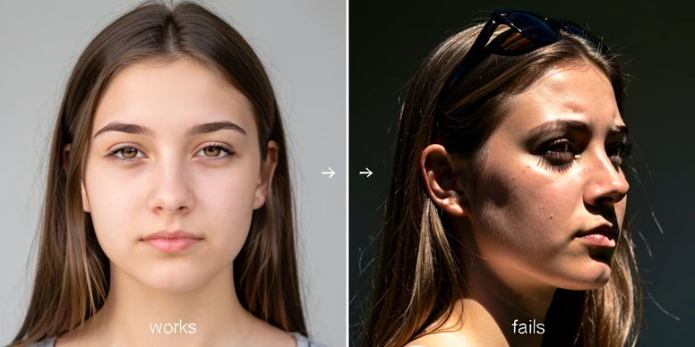 A side-by-side comparison of two portrait photos used as face swap input, the left frame a clean front-facing portrait of a young woman under soft even daylight with the face filling most of the frame, the right frame the same kind of subject but turned to a steep three-quarter angle with harsh shadow falling across one cheek and sunglasses pushed up. A thin vertical divider separates them, the left labeled "works" and the right labeled "fails" in small white sans-serif text. Studio-soft frontal light on the left, contrasted with uneven directional sun on the right. The mood is instructional and clear.