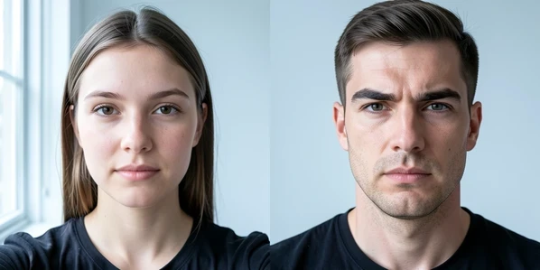 A split before-and-after comparison of one young woman's front-facing selfie, the left frame showing her natural face and the right frame showing the AI gender-swapped male version with a broader jawline, heavier brow ridge, and short hair. She faces the camera directly against a plain studio backdrop. Soft, even daylight from a large window front-left fills both halves with neutral cool-white tone, no harsh shadows, flattering skin texture detail. Clean editorial atmosphere.