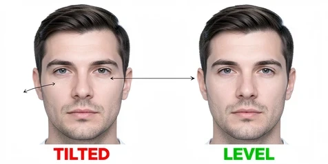 A diagnostic comparison of two gender-swapped versions of the same man's face, the left frame labeled "TILTED" in bold red uppercase showing an uneven asymmetric result with mismatched cheek and jaw, the right frame labeled "LEVEL" in bold green uppercase showing a balanced clean swap, thin annotation arrows pointing at the misaligned facial landmarks on the left. White background, sans-serif labels. Flat even frontal lighting, neutral cool white, crisp shadowless detail. Clinical instructional atmosphere.