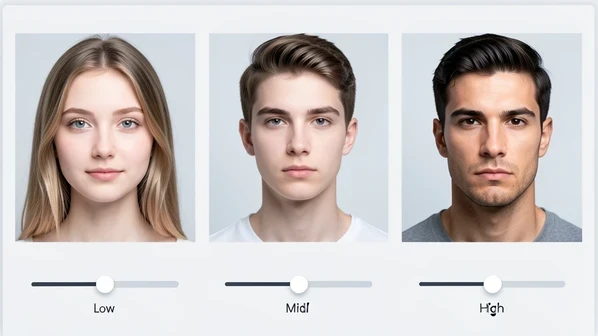 Three side-by-side portraits of the same young person's face showing a gradual femininity-to-masculinity progression, the left frame soft and feminine, the center frame androgynous, the right frame masculine with a stronger jaw, each sitting above a horizontal slider control with a draggable handle at low, mid, and high positions. Plain light-grey UI background. Soft frontal studio light, cool neutral white, gentle even shadows. Clean product-demo atmosphere.