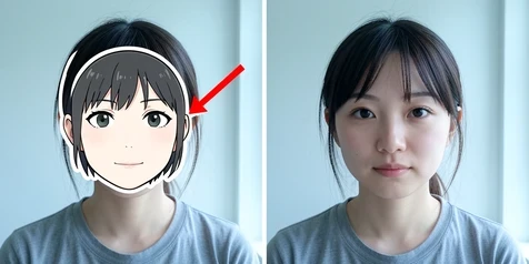 A two-panel comparison of the same photo. The left panel shows a flat anime face sticker sitting visibly on top of a real photo, hard edges and a mismatched outline betraying the overlay. The right panel shows the same person's face genuinely blended into an anime character with matched skin tone and continuous lighting. A small red callout arrow points at the sticker's hard seam on the left. Bright even daylight from a window, cool neutral tone, plain wall behind. The mood is a candid before-and-after demonstration.