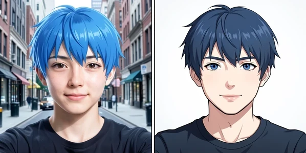 A clean comparison panel showing one young person's selfie processed two ways, placed left and right of a thin vertical divider. On the left, the real face is blended onto an existing blue-haired anime character standing in a city street. On the right, the same selfie is fully redrawn as a soft cel-shaded anime portrait. A studio softbox lights both halves evenly from the upper front, cool neutral white temperature, gentle shadows under the chin. The atmosphere is instructional and crisp, like a product feature graphic.