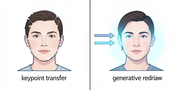 A split-panel diagram contrasting two face swap methods, drawn as clean flat infographic. On the left panel a portrait photo has a translucent overlay of facial landmark dots and connecting lines being lifted and placed onto a second portrait, labeled "keypoint transfer". On the right panel two photos feed arrows into a glowing neural block that outputs a single freshly painted portrait, labeled "generative redraw". The setting is a plain studio-white background. Crisp vector shapes, thin outlines, two-color accent palette. Soft even front lighting, cool neutral white, no harsh shadows, giving a calm explanatory editorial feel.