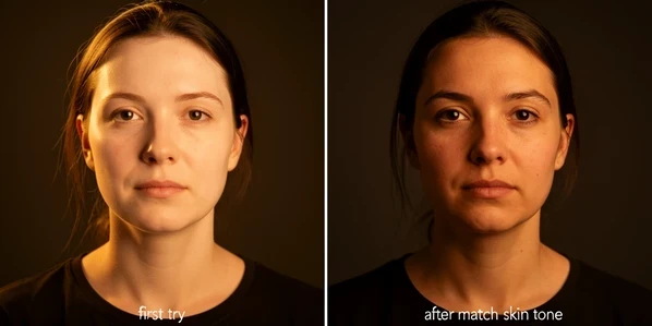 A before-and-after side-by-side of one face swap result. The left frame shows a portrait where the inserted face has a noticeably paler, mismatched skin tone against a warm-lit body and neck, looking pasted and slightly distorted. The right frame shows the same portrait corrected, the face now matching the warm skin tone and soft lighting of the scene, blending naturally. A thin vertical divider separates them with small lowercase labels "first try" on the left and "after match skin tone" on the right. Studio backdrop, realistic photographic rendering. Warm directional key light from the upper left, soft fill, gentle shadows on the right cheek, giving an honest documentary comparison feel.
