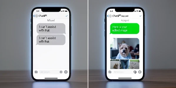 Two side-by-side smartphone chat windows comparing a refused and an accepted ChatGPT request. The left window shows a grayed refusal bubble reading 'I can't assist with that', the right window shows a green success bubble reading 'Here is your edited image' above a photo thumbnail. A faint vertical divider splits them on a soft neutral background. Cool diffused screen light glows from each panel against a dim desk surface. Clean editorial tech style.