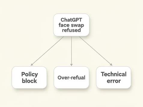 A clean flowchart diagram branching from a single labeled box reading 'ChatGPT face swap refused' into three downward paths, each ending in a rounded card. Thin arrows split the flow across a plain off-white canvas. The left card reads 'Policy block', the center 'Over-refusal', the right 'Technical error' in bold dark-gray sans-serif capitals. Soft even studio lighting falls flat across the surface with no shadows. Crisp, minimal, instructional style.