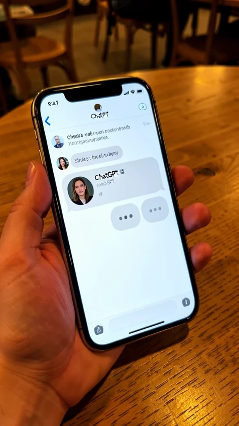 A hand holding an iPhone that displays the ChatGPT app mid-upload, a portrait photo thumbnail attached in the message box and an empty assistant bubble showing three gray typing dots that never resolve. The phone is held over a wooden cafe table. Warm indoor light glances off the screen edge while the display itself glows cool white. Realistic, slightly tense everyday troubleshooting mood.
