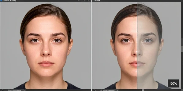 Two side-by-side Photoshop canvases of the same portrait, split by a thin line. On the left the pasted face layer sits at full opacity, fully covering the target head and clearly misaligned with eyes off-center. On the right the same face layer at fifty percent opacity reveals the head beneath it with eyes and nose lined up precisely, a small "50%" opacity field visible in the corner. Neutral grey workspace, even editorial screen lighting, instructional clarity.