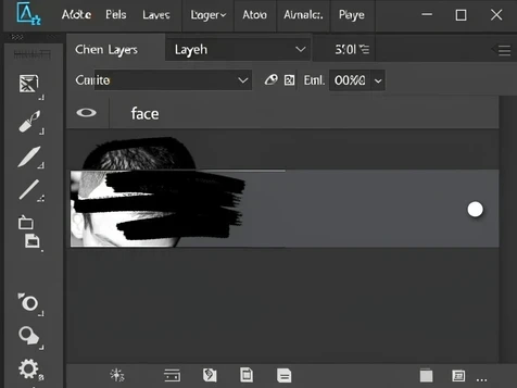 A close-up screenshot of the Adobe Photoshop Layers panel on a dark grey interface, showing a layer named "face" with a black-and-white layer mask thumbnail beside it. Black brush strokes erase a hard hairline seam on the mask while a small white stroke restores a spot near the ear. A soft round brush cursor hovers over the canvas edge. Even diffuse screen glow, sharp UI text, a focused technical feel.