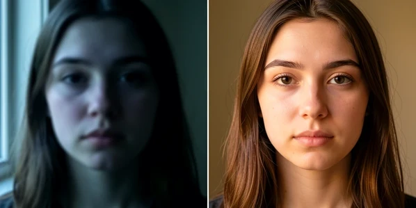 Two side-by-side portrait crops of the same young woman's face used as AI face swap input, split by a thin vertical divider. On the left a blurry, dimly lit, partly shadowed face produces a warped, smeared swap result shown beneath it. On the right a sharp, front-facing, evenly lit face yields a clean natural result beneath it. Soft window daylight falls cool and uneven on the left, warm and balanced on the right. Clear documentary comparison feel.