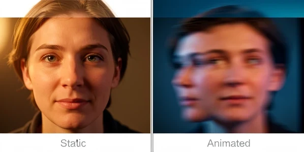 Two frames of the same swapped face shown side by side: on the left a single sharp still meme image, on the right three blurred motion frames of the same character mid-head-turn suggesting animation. A thin vertical divider separates them, labelled 'Static' on the left and 'Animated' on the right in small grey capitals. Warm, soft key light from the upper left models the faces gently, with a cooler fill on the right panel to imply video.