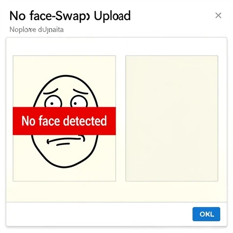 A simple line-drawn Wojak cartoon face loaded into a face-swap upload box, a red error banner stretched across it reading 'No face detected'. The cartoon's flat outlines and blank features sit against a plain off-white panel, the second upload slot beside it left empty. Harsh, flat frontal light leaves no shadow on the illustration, underscoring how featureless the drawing is to a detector tuned for real skin and depth.