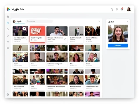A web app screen showing Viggle's Mix tab open, a grid of meme video thumbnails filling most of the frame and a highlighted 'Distracted Boyfriend' template selected in the top row. A portrait photo sits in a small upload slot on the right beside a blue 'Generate' button. The interface uses light grey rounded cards. Flat, diffuse screen-glow lighting, neutral and even, mimics a real laptop display at full brightness.