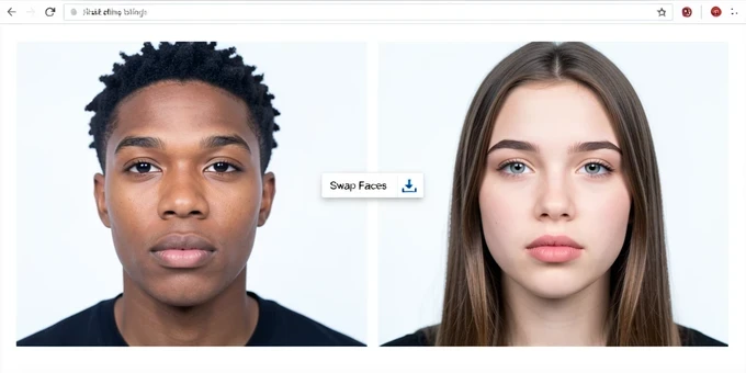 A two-panel before-and-after of the Drake Hotline Bling meme laid side by side on a clean white browser canvas. The left panel shows the original meme face; the right panel shows the same pose with a young woman's face swapped in, lips and skin tone blended to match. Between them sits a small 'Swap Faces' button and a download icon. Soft, even studio light falls from the front, cool and shadowless, giving a crisp catalog-style finish.