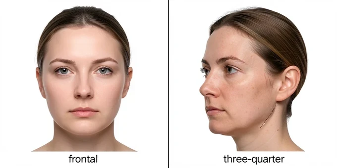 Two face swap results side by side: on the left a clean frontal swap with seamless skin tone blending, on the right a three-quarter-profile attempt showing a visible seam and a mismatched jawline. A thin dividing line separates them, small labels read 'frontal' and 'three-quarter'. Plain white backdrop. Even, neutral studio lighting from above exposes the edge artifacts honestly. Clinical, comparison-test atmosphere.