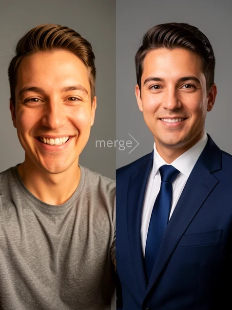 A split portrait composition: on the left a casual selfie of a smiling person in a t-shirt, on the right the same face rendered onto a sharp navy business suit as a polished LinkedIn headshot. A faint arrow labeled 'merge' links them. Set against a neutral gray studio backdrop. Soft frontal key light, warm and even, smoothing skin and lifting the suit fabric. Professional, aspirational tone.