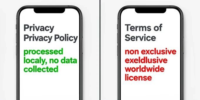 A split-screen document comparison fills the frame, two phone-style policy cards facing each other across a thin vertical divider. The left card header reads 'Privacy Policy' in bold dark-gray sans-serif, with the line 'processed locally, no data collected' highlighted in green. The right card header reads 'Terms of Service' in the same font, with the phrase 'non-exclusive worldwide license' highlighted in red. Even flat studio lighting from the front, no harsh shadows, crisp high-contrast editorial style that signals conflict between the two texts.