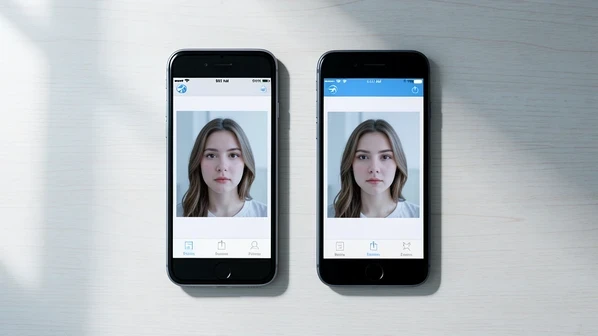 Two smartphones lie side by side on a pale wooden desk, an iPhone on the left and an Android phone on the right, each displaying a face swap app mid-edit with a portrait being blended into a target photo. A small airplane-mode icon glows in each status bar. Shot looking straight down from above. Soft diffused daylight from a window at the left edge casts gentle shadows toward the right, cool neutral white balance, calm and uncluttered workspace mood.