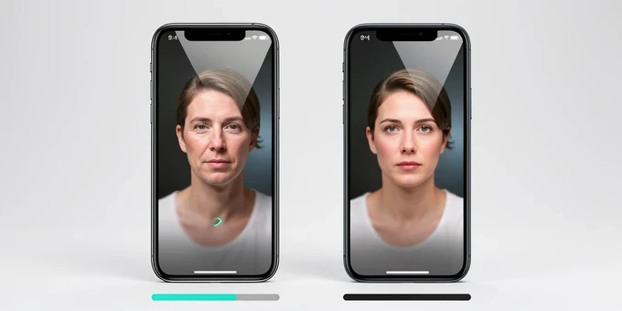 Two iPhones stand upright next to each other rendering the same video face swap, an older iPhone XR on the left showing a slow spinning loader and a newer iPhone 15 Pro on the right showing a finished frame. A thin progress bar under each phone makes the speed gap obvious, the left bar barely filled and the right bar complete. Plain seamless light-gray studio backdrop. Bright even softbox lighting from the front, faint reflections sliding across the glass backs, a clean product-comparison mood.