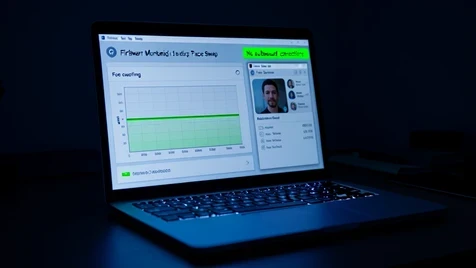 A laptop screen shows a firewall monitoring dashboard during a face swap, its connection graph sitting flat at zero outbound traffic while a face swap app window stays open beside it. A green status label reads 'No outbound connections' in a monospace font at the top right of the dashboard. The screen is viewed slightly off-axis on a dark desk. Cool blue glow from the display lights the keyboard edges, the room behind falling into dim shadow, a focused late-night working atmosphere.