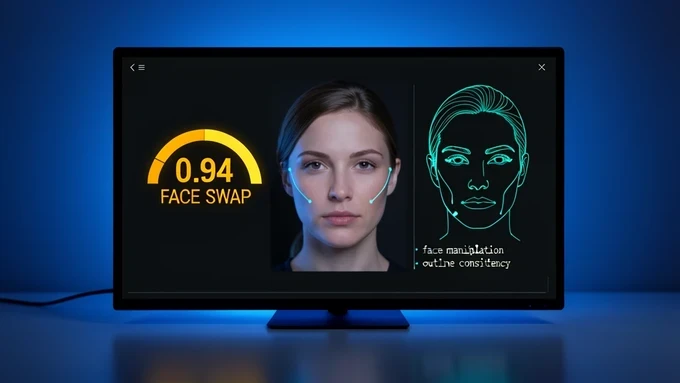 A detection dashboard analyzing one face-swapped portrait, centered on a dark interface. A semicircular confidence gauge reads '0.94 FACE SWAP' in bright amber, with a side panel tracing a highlighted facial outline in thin cyan lines that mark inconsistency points along the cheek and hairline. Small monospace labels list 'face manipulation' and 'outline consistency'. Cool blue screen glow lights the scene from the monitor itself, faint reflections on a matte desk, a focused analytical mood.