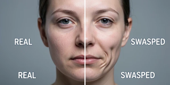 A split-screen close-up of one human face, the left half authentic and the right half face-swapped, centered against a neutral grey studio backdrop. The right side shows a faint warping ripple along the jaw, a slight skin-tone mismatch where the face meets the neck, and softened, blurred detail around the eyes and mouth. A thin white vertical divider separates the halves, labeled 'REAL' and 'SWAPPED' in bold uppercase sans-serif. Soft diffused key light from the upper left, cool neutral temperature, falling evenly so texture differences read clearly. Clinical, forensic atmosphere.