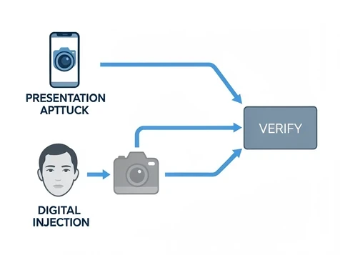 A clean technical diagram contrasting two attack paths into a biometric verification system, arranged left to right on a white background. The top path shows a phone held up to a camera icon labeled 'PRESENTATION ATTACK'. The bottom path shows a face image flowing directly into a server-stream icon labeled 'DIGITAL INJECTION', skipping a greyed-out camera. Blue arrows trace each route into a shared 'VERIFY' box. Flat vector style, thin lines, a two-tone blue and slate palette. Even soft lighting, no shadows, crisp infographic clarity.