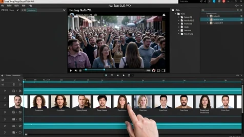 A widescreen browser editor shows the Face Swap Studio PRO timeline, a paused crowd-scene video frame on top and a horizontal multi-track strip below holding ten small labeled face thumbnails. A hand cursor drags one thumbnail onto a clip. The panels are dark charcoal with cyan track markers and white numerals. Even, soft screen-lit illumination falls across the interface at a cool neutral white balance with no harsh shadows. Precise and technical, a control-room feel.