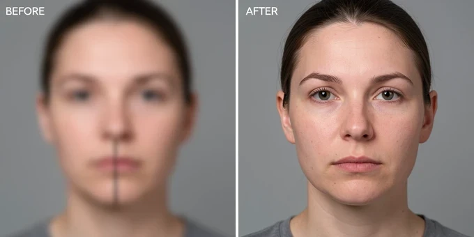 A side-by-side comparison of one face swap fills the frame, the left half blurry with a visible seam along the jaw, the right half clean after Face Restoration. Both show the same portrait against a plain grey backdrop, split by a thin white vertical divider. Small uppercase labels read 'BEFORE' and 'AFTER' in the top corners. Soft frontal studio light at a neutral temperature reveals skin texture on both sides. Clinical and evaluative, a documentary tone.