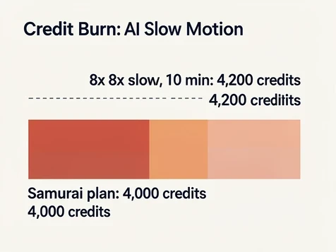 A clean diagram on a light background compares credit burn for AI Slow Motion. A lower bar labeled 'Samurai plan: 4,000 credits' sits beneath a longer bar labeled '8x slow motion, 10 min: 4,200 credits' that overshoots a dashed plan-limit line. Numbers are bold dark sans-serif and the overflow segment is tinted warm red. Flat, even lighting with no shadows keeps every edge crisp. Analytical and cautionary, like a financial dashboard.