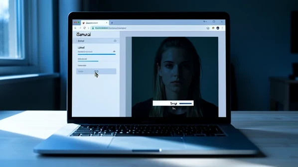 A laptop screen fills the frame, showing the iSamurai browser interface with an upload panel on the left and a half-rendered swapped portrait on the right. The cursor rests on a white 'Swap' button as a thin progress bar reads '5s'. The laptop sits on pale wood in a dim home office. Cool daylight rakes in from a left window, soft and directional, laying gentle shadows across the keyboard while the screen throws a faint blue fill onto the desk. Quiet and focused.