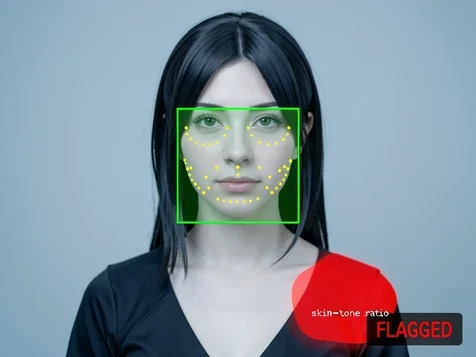 A single cosplay portrait sits centered with translucent detection overlays drawn over it, a green bounding box around the face, dotted yellow landmark points tracing eyes and jaw, and a semi-transparent red heat patch over exposed shoulder skin tagged "skin-tone ratio" in small white monospace text at the lower right. A side meter reads "FLAGGED" in red caps. Soft frontal studio light falls evenly on the subject against a cool neutral background, clinical analytical mood like a moderation dashboard.