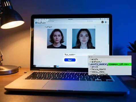 A laptop screen displays the FaceFusion Gradio interface, a source face thumbnail on the left and a target photo on the right, a dropdown set to "face_swapper" and a blue "Start" button glowing below. A small file-tree panel overlays the corner showing the path ".assets/models/inswapper_128.onnx" highlighted in green monospace text. Warm desk-lamp light rakes across the keyboard from the left while the screen casts a cool blue fill onto the desk, focused late-evening workspace atmosphere.
