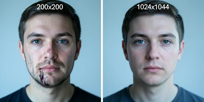 Two head-and-shoulders face-swap results sit side by side, the left output smeared and pixelated with a melted jaw from a tiny source tagged "200x200" in white caps at its top corner, the right output crisp and naturally blended from a source tagged "1024x1024" the same way. A thin white center line divides them. Even soft daylight from a window lights both faces frontally in a cool tone against a plain studio backdrop, clear documentary comparison mood.