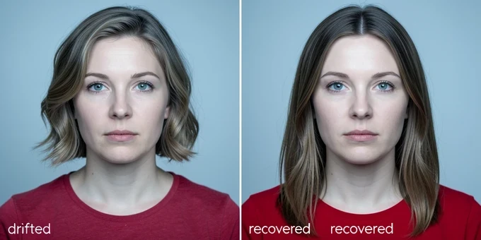 A side-by-side before-and-after of one woman's portrait during a face swap recovery. On the left, her hair has shifted from a long straight center-part to short waves and her red blouse turned gray, labeled "drifted" in small clean white lowercase sans-serif text bottom-left. On the right, the long center-part hair and red blouse are restored, labeled "recovered" in matching white text. Even soft studio lighting from the front, neutral and slightly cool, falls flat across both faces with no harsh shadows. Clinical, comparison-focused mood.