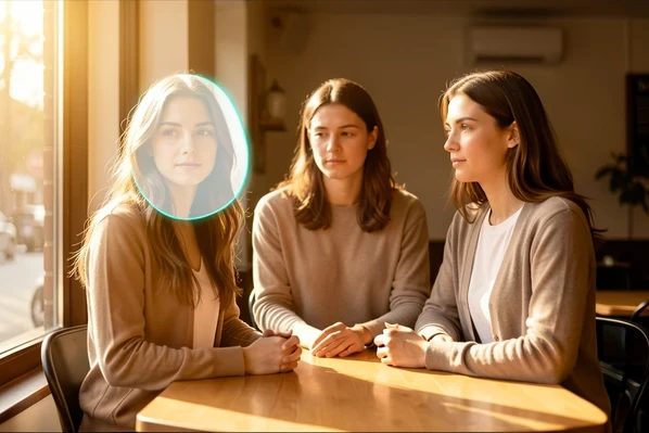 A photo-editing canvas showing a group of three friends standing at a sunlit cafe table, with a soft translucent mask highlighting only the leftmost woman's face while the other two faces and everyone's hair and clothing stay untouched. The mask glows a thin cyan along its edge. Warm afternoon sunlight enters from the left through a window, soft and slightly golden, falling across the table and casting gentle shadows to the right. Calm, focused editing atmosphere.