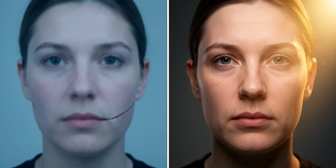 A split before-and-after comparison of a single face: the left half shows a blurry, low-detail deepfake with a visible seam along the jaw and mismatched skin tone, the right half shows the same face cleanly blended with even lighting and no edge artifacts. A thin vertical divider line separates the two halves down the center. Studio key light from the upper right falls softly and warm across the right side, while the left side sits under flat, cool, slightly underexposed light that flattens detail. Technical, diagnostic atmosphere.